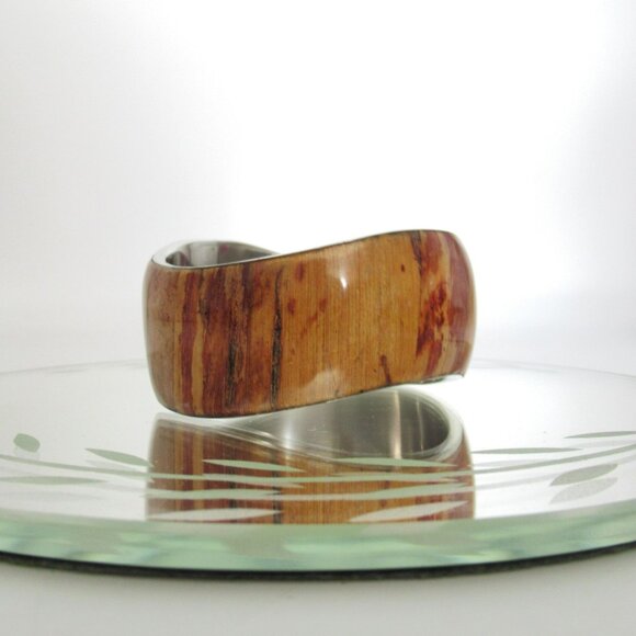 Stainless Steel & Wood Grain Inlay Banana Bark Cuff Bracelet - Picture 4 of 16